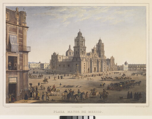 A color print of a busy city square with an ornate cathedral at the center.