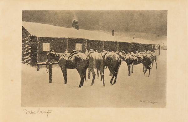 A black-and-white print of horses tethered outside a long log building in the snow.