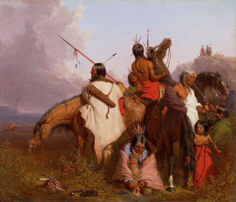 An oil painting of a Native American family with their horses.