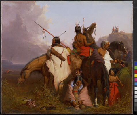 An oil painting of a Native American family with their horses.