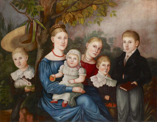 An oil painting of five White children, including a baby, and a White woman posed in front of a forest-like background.