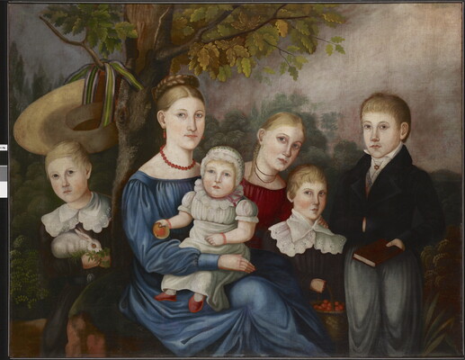 An oil painting of five White children, including a baby, and a White woman posed in front of a forest-like background.