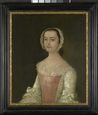 A oil portrait of a fair-skinned, young woman in a white and pink dress, wearing a lace bonnet on her head.