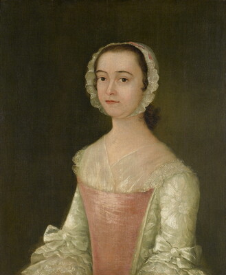 A oil portrait of a fair-skinned, young woman in a white and pink dress, wearing a lace bonnet on her head.