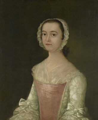 A oil portrait of a fair-skinned, young woman in a white and pink dress, wearing a lace bonnet on her head.