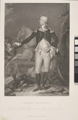 A black-and-white print of a White man in an early American military uniform, sword hanging from one side, standing on a beach littered with war accessories in front of a rearing horse.