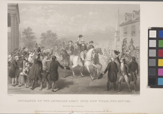 A black-and-white print of George Washington on horseback being cheered on by a crowd.