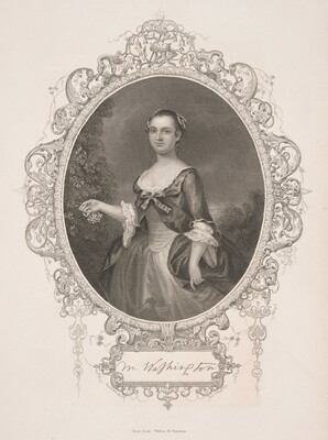 A black-and-white print portrait, framed in an oval with filigreed border, of a young light-skinned woman in an elaborate Colonial-era dress.