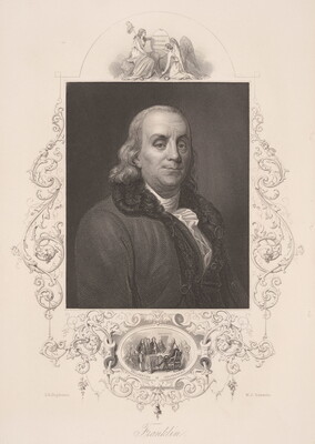 A black-and-white print of an older White man with chin-length hair wearing a coat and waistcoat; his portrait is surrounded by decorative scrolls and figures.