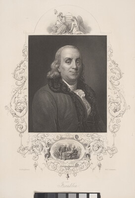 A black-and-white print of an older White man with chin-length hair wearing a coat and waistcoat; his portrait is surrounded by decorative scrolls and figures.
