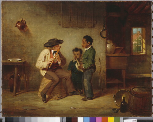 An oil painting of an interior scene with an older White boy playing a flute for two young Black children.