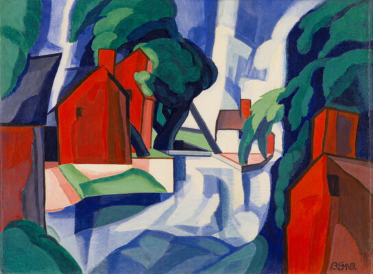 A geometric-style painting of bright red houses and lofty green trees arranged on either side of a wide, blue swath of color.