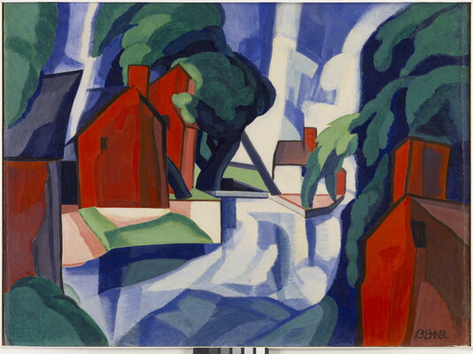 A geometric-style painting of bright red houses and lofty green trees arranged on either side of a wide, blue swath of color.