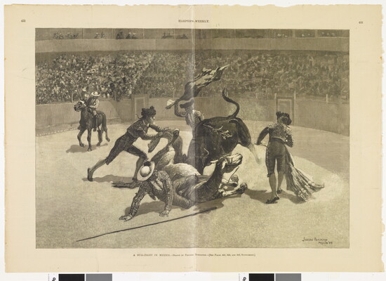 A black-and-white print of bullfighters surrounding a bull that is charging a horse and its rider, both of whom are on the ground.