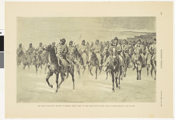 A page from a magazine with a black-and-white illustration of soldiers on horseback riding toward the viewer.