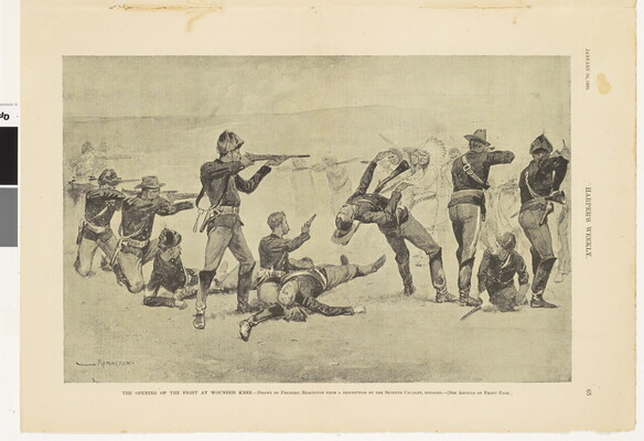 A page from a magazine with a black-and-white illustration of soldiers engaging in armed battle with Indigenous men in the distance.