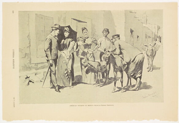 A page from a magazine with a black-and-white illustration of a well-dressed man and two women talking with two men who are handling burros.