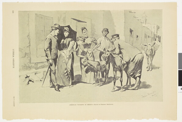 A page from a magazine with a black-and-white illustration of a well-dressed man and two women talking with two men who are handling burros.
