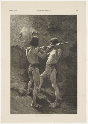 A page from a magazine with a black-and-white illustration of two men in sandals and loincloths holding a pole they are pressing into a stone wall.