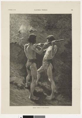 A page from a magazine with a black-and-white illustration of two men in sandals and loincloths holding a pole they are pressing into a stone wall.