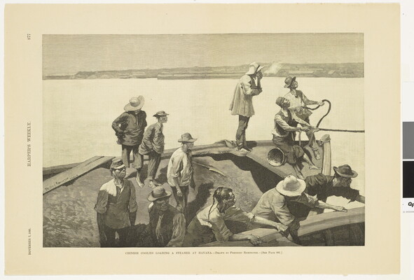 A page from a magazine with a black-and-white illustration of figures on a boat engaged in work.