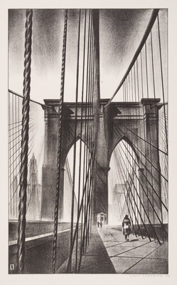 A vertical black-and-white print of a suspension bridge, showing the tower and cables, and a person walking along its pathway.