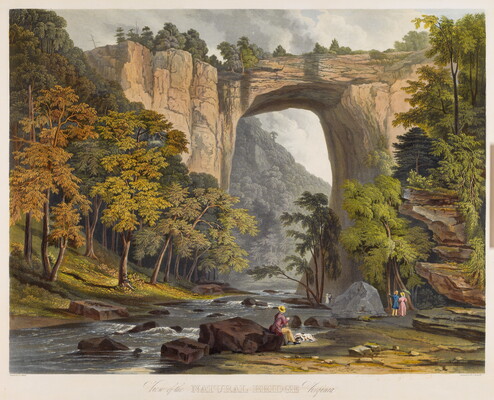 A color print of a landscape with people near a river and a natural stone bridge towering above.