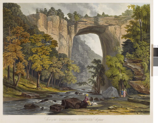 A color print of a landscape with people near a river and a natural stone bridge towering above.