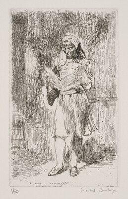 A black-and-white print of a standing woman wearing a headband with a long tail and a knee-length dress holding an open newspaper in her hands.