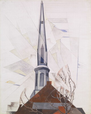 A watercolor of a church steeple surrounded by abstracted shadows.
