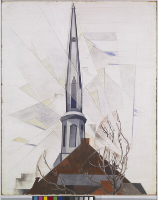 A watercolor of a church steeple surrounded by abstracted shadows.