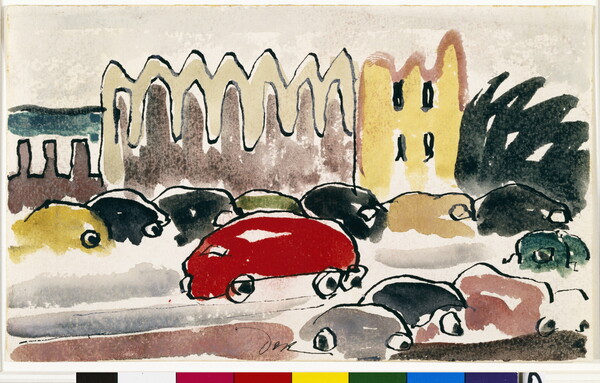 A cartoon-like drawing of cars in a variety of colors, some parked and others driving, on a city street lined with tall buildings.