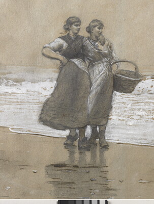 A detail of a drawing of two women, arms wrapped across each other, walking along a beach as white surf rolls in toward them.