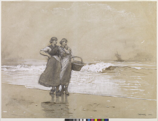 A drawing of two women, arms wrapped across each other, walking along a beach as white surf rolls in toward them.