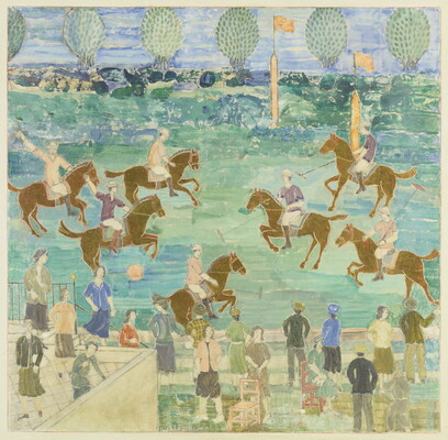 A watercolor painting of people on horseback playing polo on a green field as spectators watch.