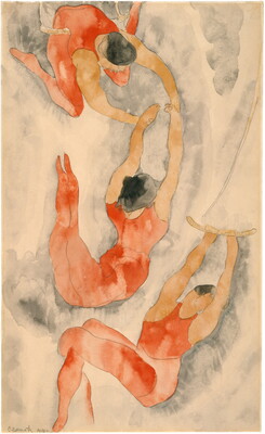A watercolor of three acrobats suspended in the air, two grasping each other's hands and the other swinging from a trapeze.