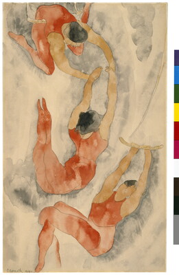 A watercolor of three acrobats suspended in the air, two grasping each other's hands and the other swinging from a trapeze.