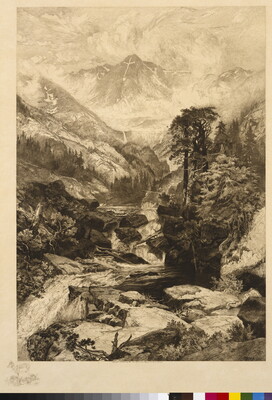 A black-and-white print of a mountain landscape with rocks, woods, and a rushing stream in the foreground.