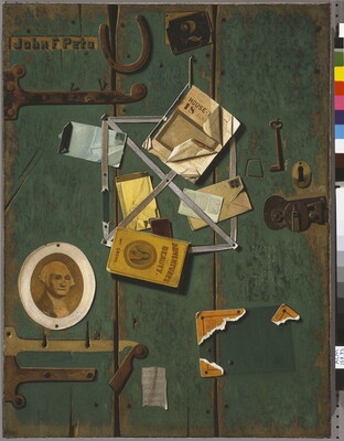 A realistic oil painting of a wood door with vertical slats and peeling green paint that has numerous papers, keys, and images tacked onto it.