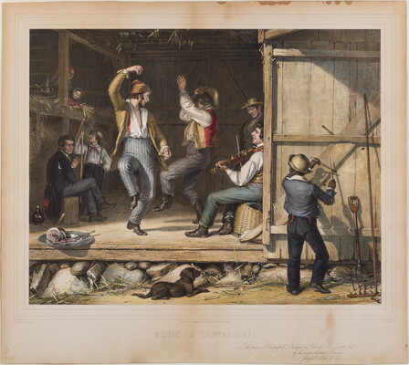 A color print of White men dancing and playing musical instruments in a barn while women and children watch and a Black laborer participates from outside.