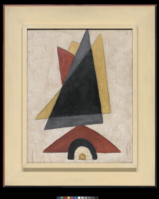 A painting of three layered triangles in blue, red, and yellow above a smaller red triangle that together suggest a sailboat.