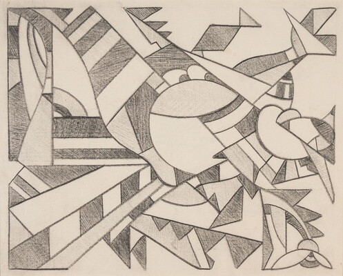 A black-and-white drawing of numerous abstract shapes, some shaded in and some not.