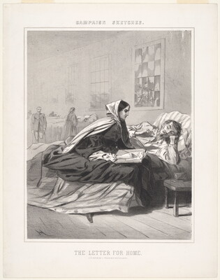 A black-and-white print of a sick White man lying in a hospital bed and a White woman in a hooded-cloak and dark colored dress by his side writing on paper.