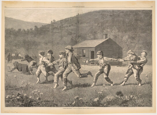 A black-and-white print of a line of White boys, most holding hands, running barefoot in a field in front of a cabin.