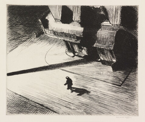 A black-and-white etching depicting a bird's eye view of a man walking along an empty city street at night.