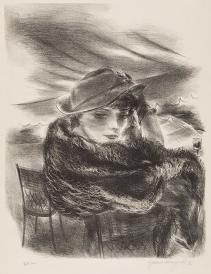 A black-and-white print of a White women sitting in a cafe chair wearing a hat and fur coat while looking at the viewer.