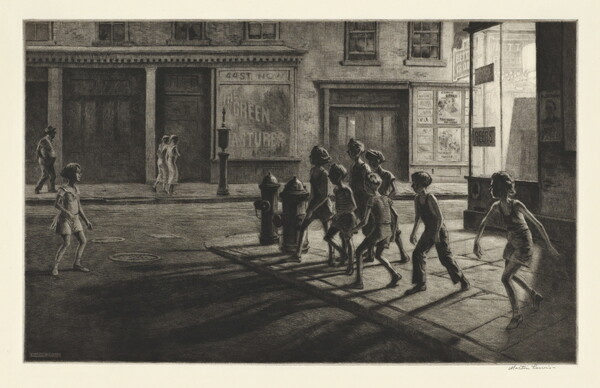 A black-and-white print of a group of children on the sidewalk of a dimly lit street corner facing a girl standing in the street.