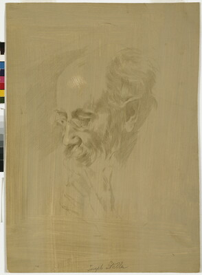 A drawing of the head of a balding, elderly White man with glasses and a beard on tan paper.
