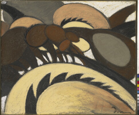 A pastel drawing of abstract, circular shapes in shades of brown and tan.
