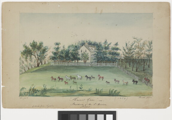 A watercolor of horses in a green pasture in front of a large white home surrounded by a white picket fence.